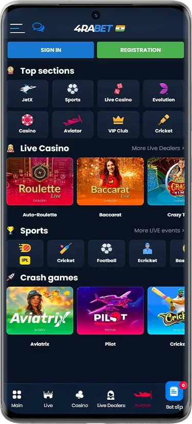 Screen of the casino section of 4rabet app